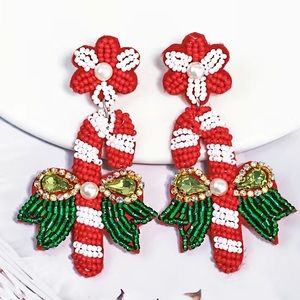 Beaded and bejewelled Red and White Candy Cane Statement Earrings